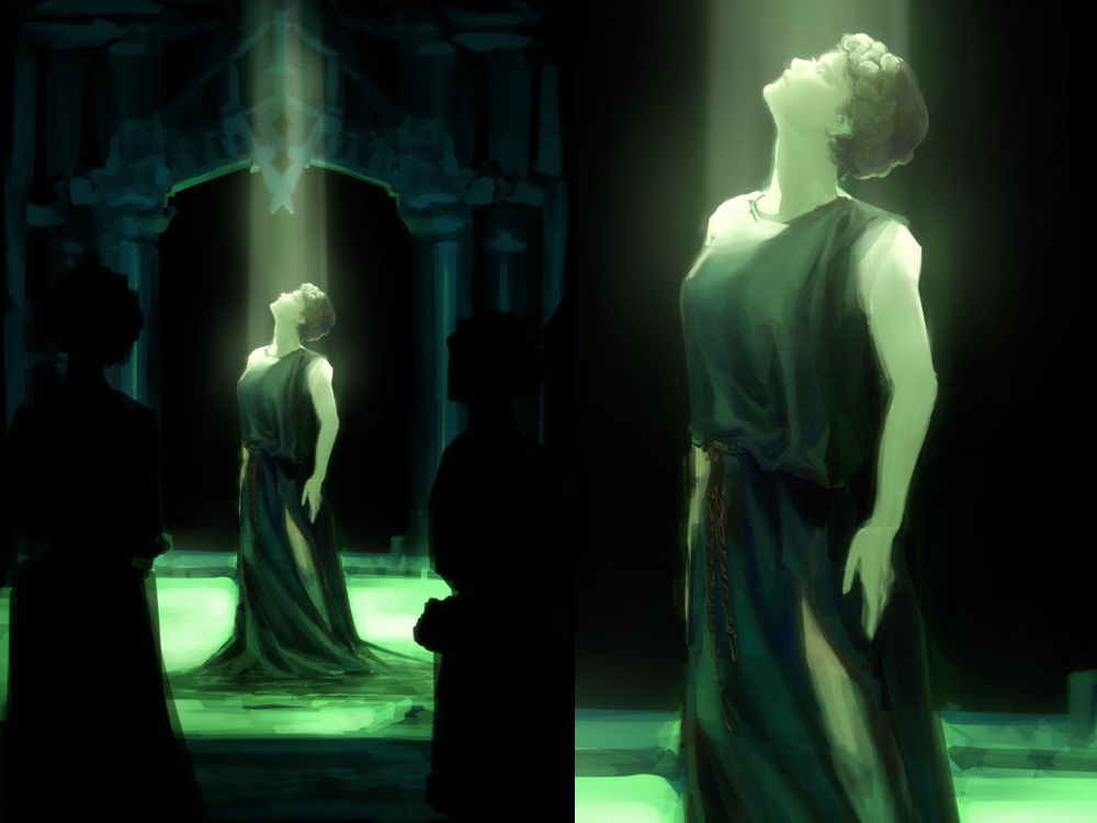 A woman stands in a glowing green pool of water, looking up at a shaft of light. Shadowy humanoid figures stand around her. This is the cover for Ismene and the Voice, a scifi novel.