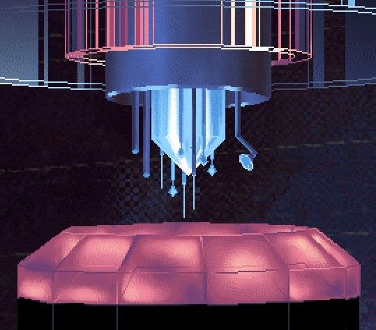 A pixel art of a scifi machine with glass parts and instruments. The colors are pixelated and reminiscent of 90s computer graphics.