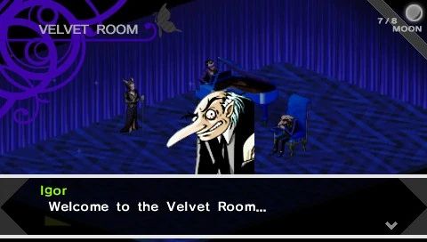 Screenshot of Shin Megami Tensei: Persona (PSP), showing the Velvet Room. Igor, the long-nosed host, is welcoming the player.