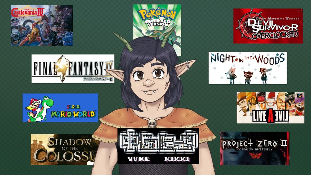 Possum the forest goblin smiling in front of a green background, surrounded by ten game logos. Starting in the top left going clockwise, the games are Super Castlevania 4, Pokémon Emerald, Shin Megami Tensei: Devil Survivor Overclocked, Night in the Woods, Live A Live, Project Zero 2: Crimson Butterfly, Shadow of the Colossus, Super Mario World and Final Fantasy 9