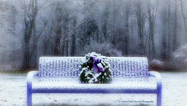 A purple bench, a symbol of women lost to domestic violence or intimate partner abuse is pictured in a park.  It is snowing. The Christmas wreath on the bench is covered in snow