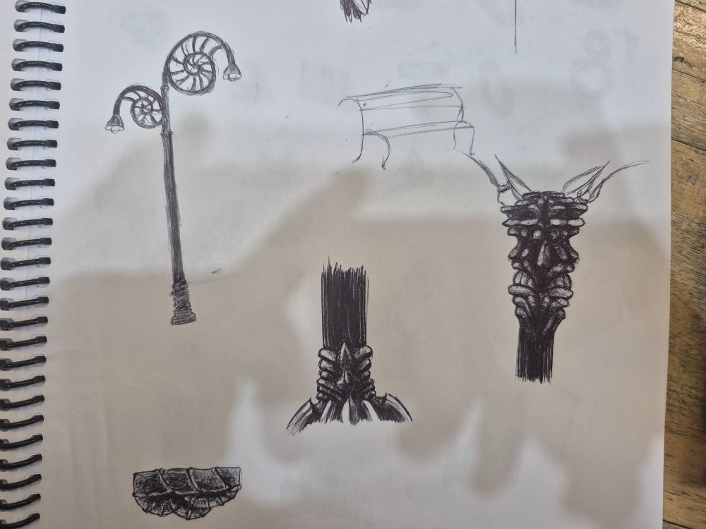 Various pen sketches of architecture from the video game Hollow Knight
