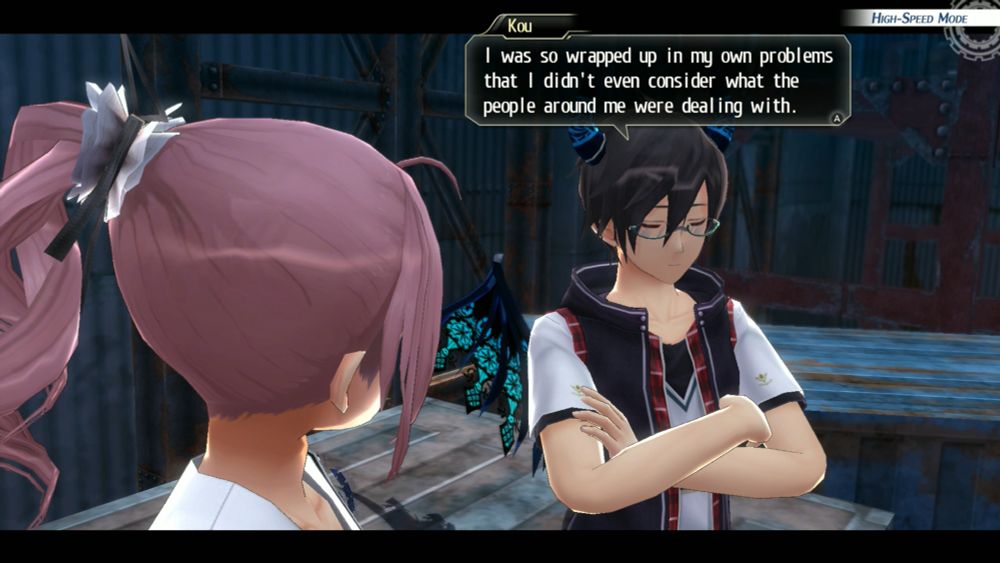 A screenshot from the Switch release of Tokyo Xanadu eX+. Rion is facing away from the camera to look at Kou. Kou is sitting with his arms folded. The dialogue box from Kou reads, "I was so wrapped up in my own problems that I didn't even consider what the people around me were dealing with."