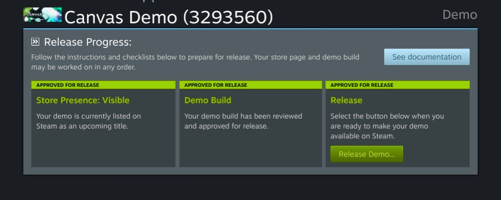 Canvas steam page with "Release Demo" button displayed.