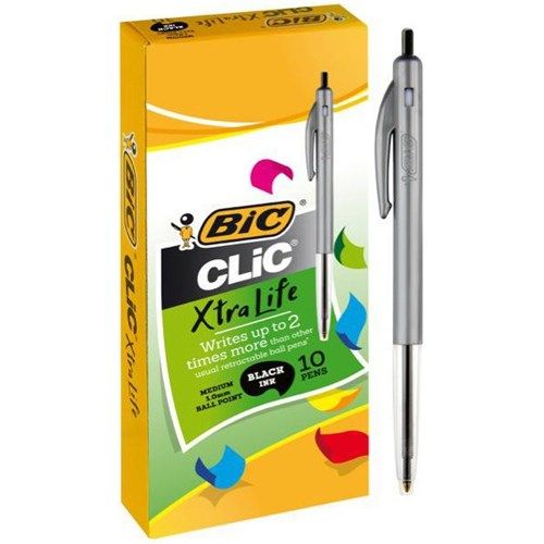 A box of Bic Clic Xtra Life pens