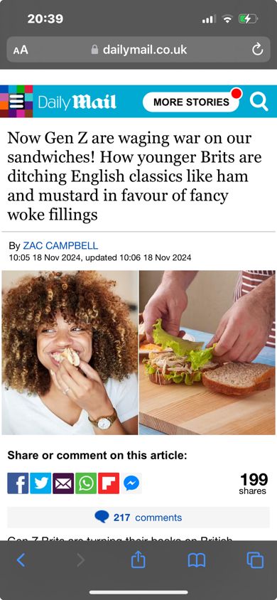 Picture of a daily mail headline that reads “now Gen Z are waging war on sandwiches! How young Brit’s are ditching classics like ham and mustard in favour of fancy woke fillings”
