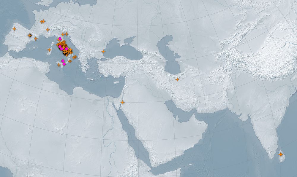 A terrain map with orange markers indicating updates and pink circles indicating new place resources. The map covers the eart from northern Europe and the Iberian peninsula in the northwest to Sri Lanka in the southeast.