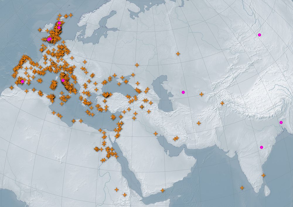A terrain map with orange markers indicating updates and pink circles indicating new place resources. The map covers most of Europe, Central and South Asia, and Africa.
