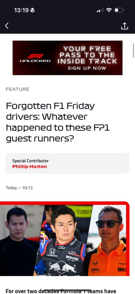Screenshot of an F1 article with the headline “Forgotten F1 Friday drivers: what happened to these FP1 guest runners?”
