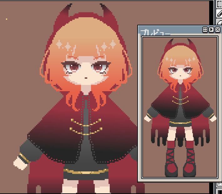 キャラクターデザイン　オレンジがかった金髪を赤い頭巾で覆った悪魔っぽい角の女の子　ドットイラスト