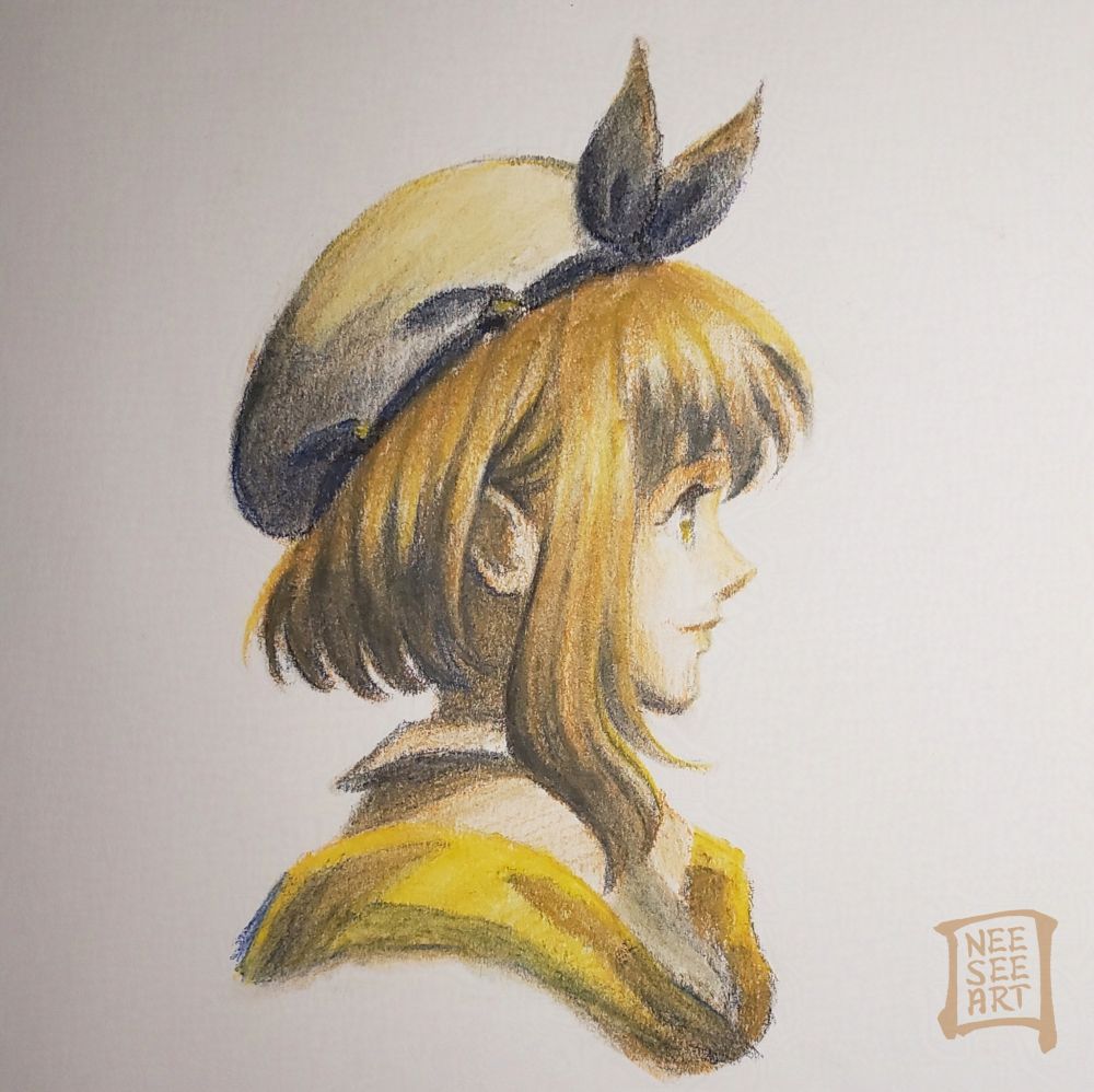 Chalk pastel drawing of Reisalin Stout in profile view with warm colors.