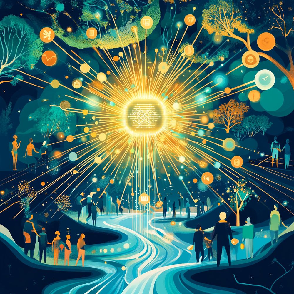 A dynamic and optimistic depiction of AI being used for good, symbolizing learning, decentralization, and open-source innovation. A glowing, decentralized AI network radiates from a central point, connecting to diverse people and communities represented by abstract figures working together in harmony. The network is interwoven with organic elements like trees, flowing water, and radiant sunlight, symbolizing the positive impact of AI on humanity and the environment. The color palette features vibrant blues, greens, and golds, evoking a sense of collaboration, growth, and hope. The tone is forward-thinking, inspiring, and empowering—no text or words