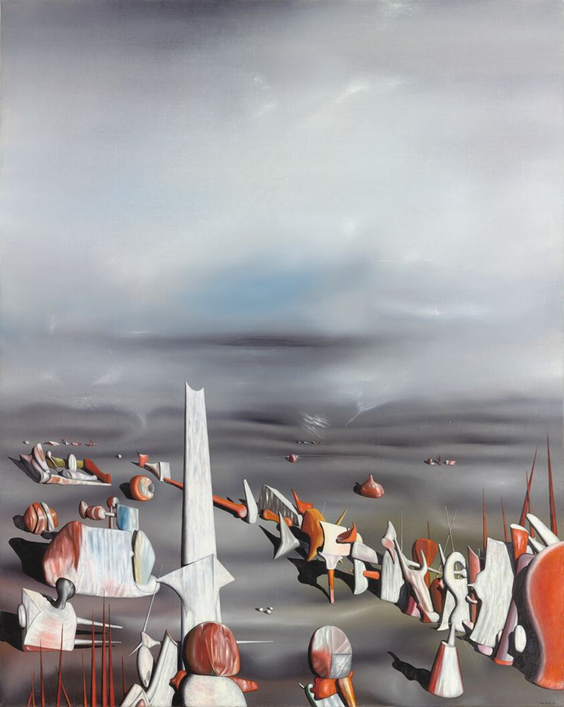 A painting depicting odd abstract shapes in white and orange, with objects getting smaller in the distance until they fade into a gray cloud.