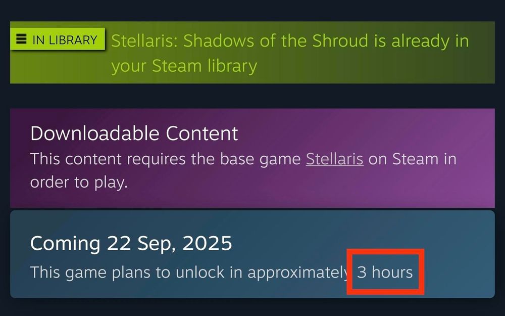 Screenshot of the Steam store page for the next Stellaris DLC, with a countdown for its release currently at 3 hours. 