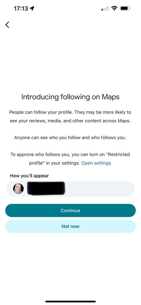 White screen screenshot which is titled "Introducing Following on Maps." 
People can follow your profile. They may be more likely to see your reviews, media, and other content across Maps. 
Anyone can see who you follow and who follows you.
