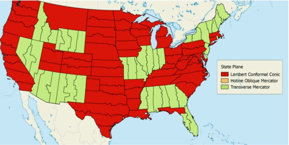 A map of the continental United States that demonstrates the TYPE of map projection used in each state (or section of state) when mapping it. The map is in green and red segments, so far as I can tell, although the legend also says there's a yellow portion. Most states, even if there are lines to show different portions of the state, are all in one color. A few, however, are mixed colors.

For example, Florida uses Lambert Conformal Conic Projection (in red) for the western part of the state (as that's better for distances that are wider in the east-west directions), but uses Transverse Mercator Projection (in green) for the southern and east-most parts of the state (because that's better for distances that are lengthy in the north-south directions).

I'm still learning all this stuff, so I'm not sure how better to describe this in order to be accessible, but I hope that helps.