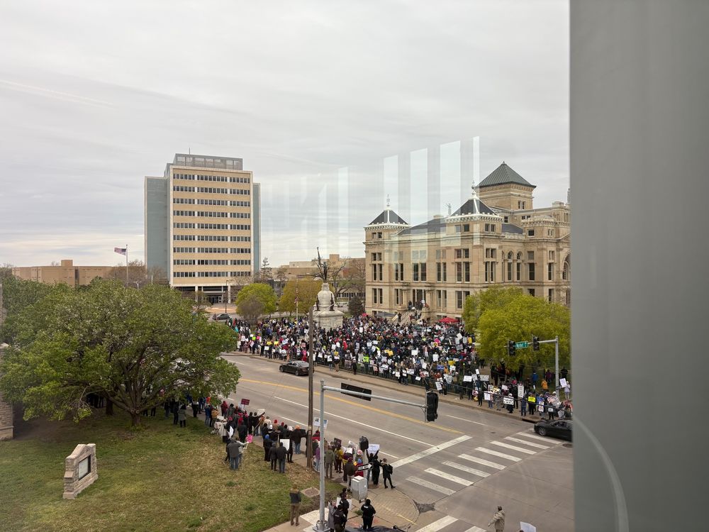 whole lotta furious white old ppl in front of the Sedgwick County Courthouse & Civil War monument

Erected A.D. 1912 by the
People of Sedgwick County, Kansas
in memory of the
Union Soldiers and Sailors
of the Civil War

The Union is perpetual
Abraham Lincoln

Let us have peace
Gen. Grant

If any man attempts to
haul down the American flag
shoot him on the spot
John A. Dix