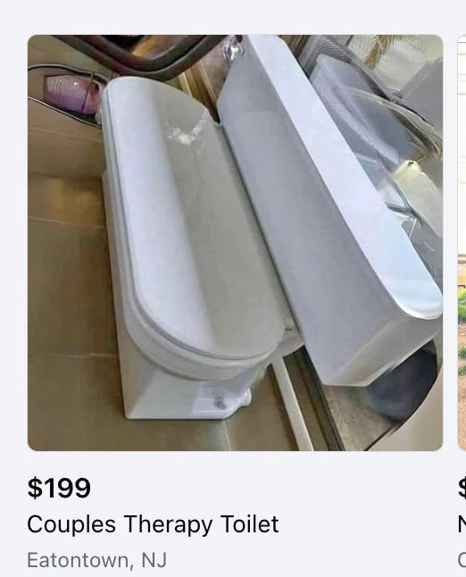 A Facebook Marketplace listing for a Couples Therapy Toilet for $199 in Eatontown, NJ. It's a double wide toilet. Like, for two people. So sit next to each other while pissing or shitting. It could even fit three people. It could be a polycule therapy toilet. What kinda of problems necessitate shitting next to each other? SOMEONE TELL ME
