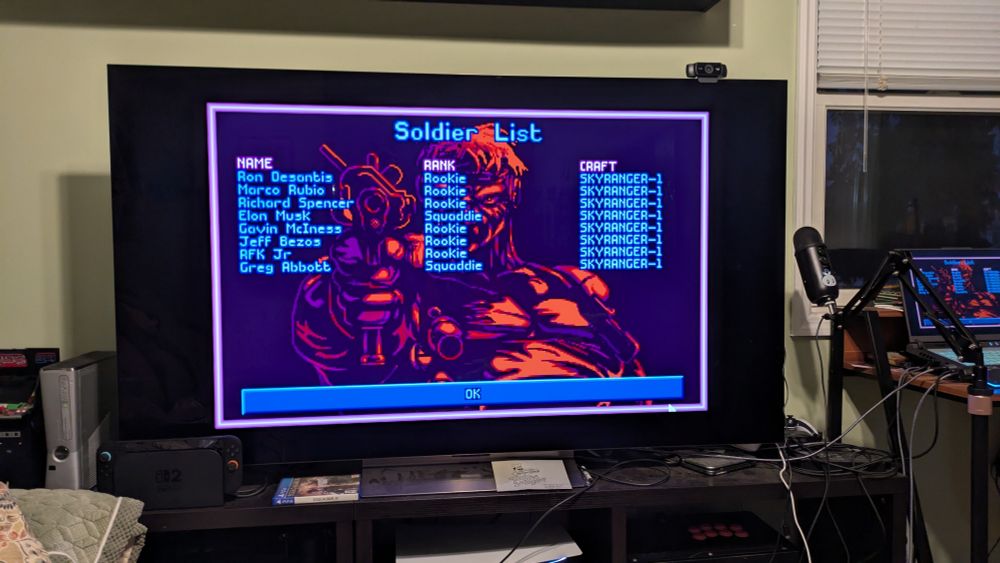 Screenshot of the soldier list from original XCOM: Enemy Unknown. We have survivors from the first mission: Elon Musk and Greg Abbot who have been promoted to Squaddie. The rest of the rookies are Ron DeSantis, Marco Rubio, Richard Spencer, Gavin McInnes, Jeff Bezos, and RFK Jr.