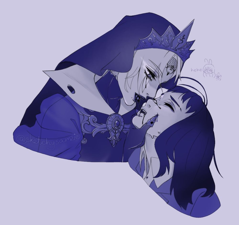 A drawn image of vil schoenheit in his overblot form forcefully grabbing the face of author's yuusona while letting ink-like spit spill down their mouth.