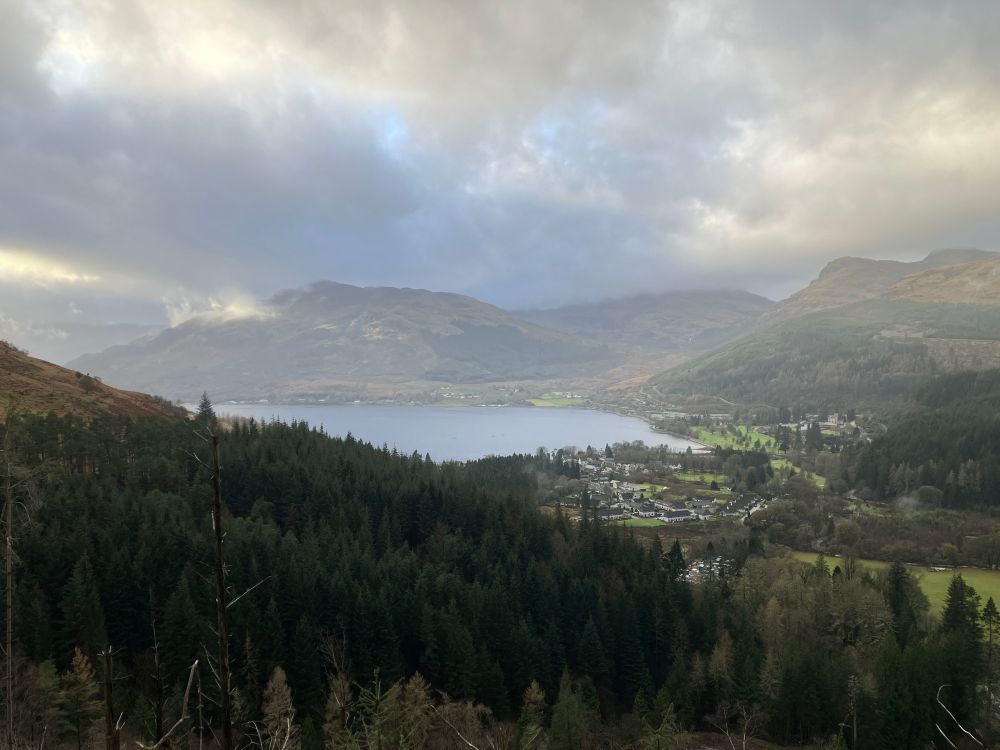 Photograph taken looking down on Loch Goil and the village of Lochgoilhead in Scotland.