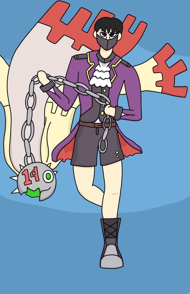 A young man in Gothic Lolita clothing holding a chain attached to a strange robot