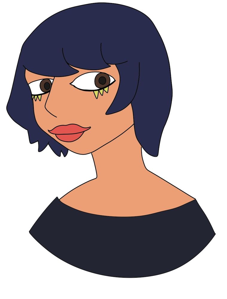 A tan woman with yellow eye shadow back hair and red lipstick 