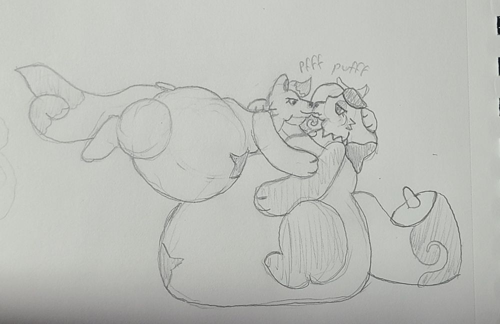 Drawing of Kata puffkissing me while floating and leaning into me as Im grounded with a growing gut

#inflation
