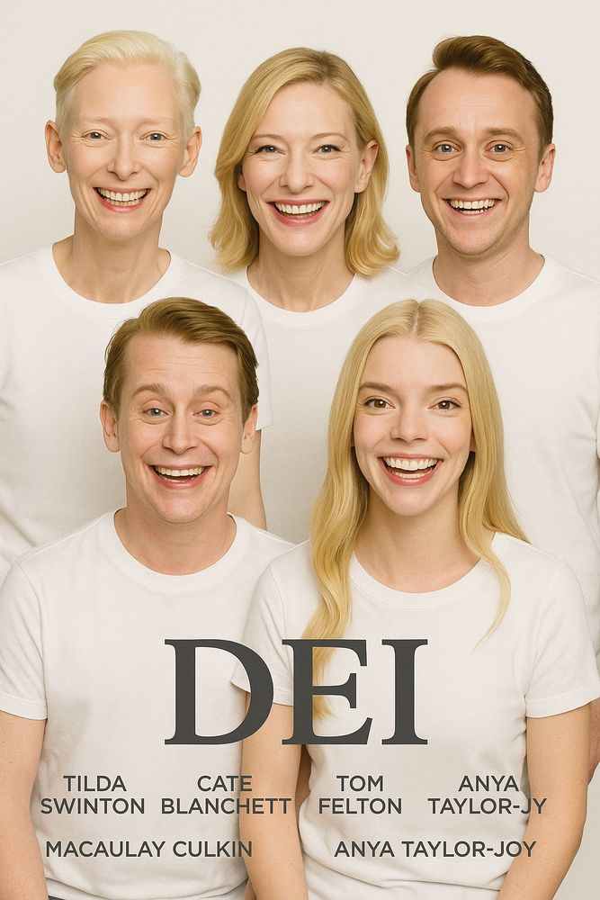 A whitewashed movie poster for an upcoming feature called DEI. There’s no raisins in this potato salad.