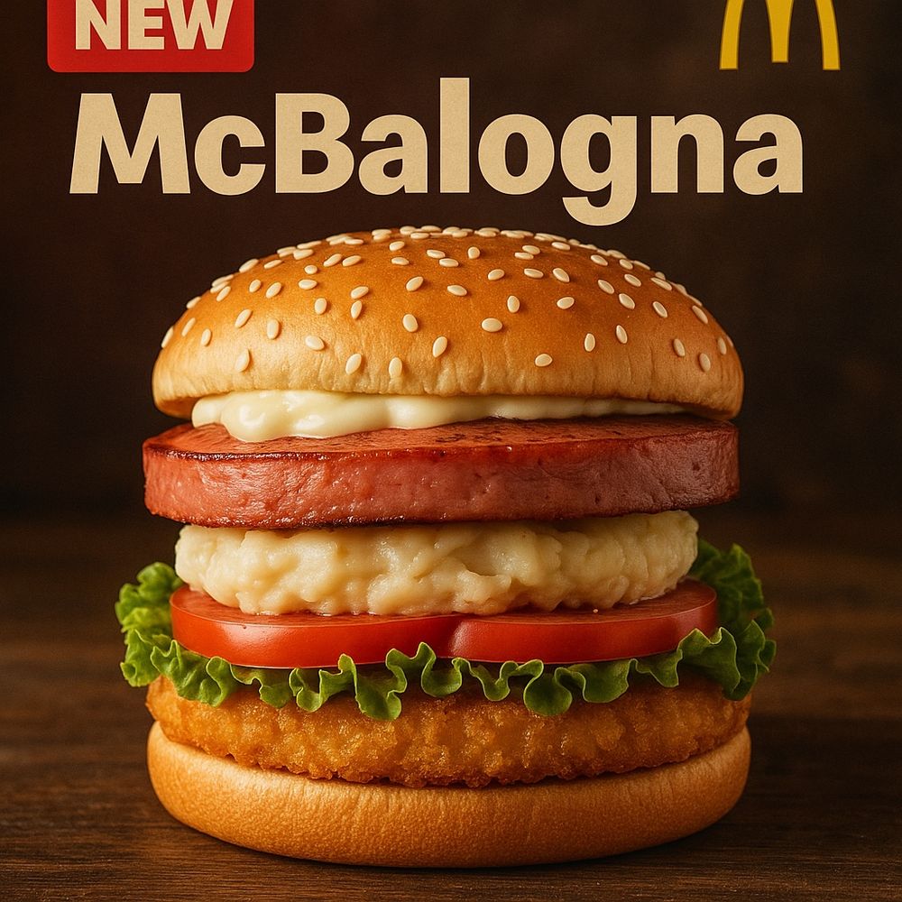The McBalogna is served one a sesame seed bun with a hash brown patty, letttuce, tomato, mayo risotto, a quarter pound of thick fried bologna, and mayo