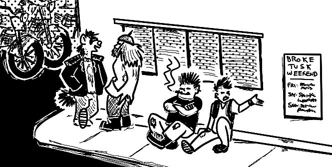 A gathering of toughs of various species (gnoll, orc, human) chilling outside the Slaughtered Hart biker bar.