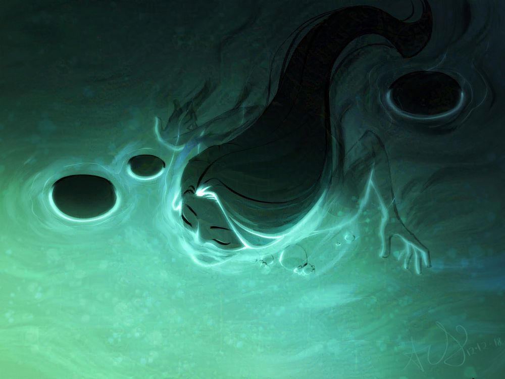 The image is of a woman wading through green glowing water. Half of her face is submerged and her eyes are closed. The lighting is from below the water’s surface shining up from beneath.