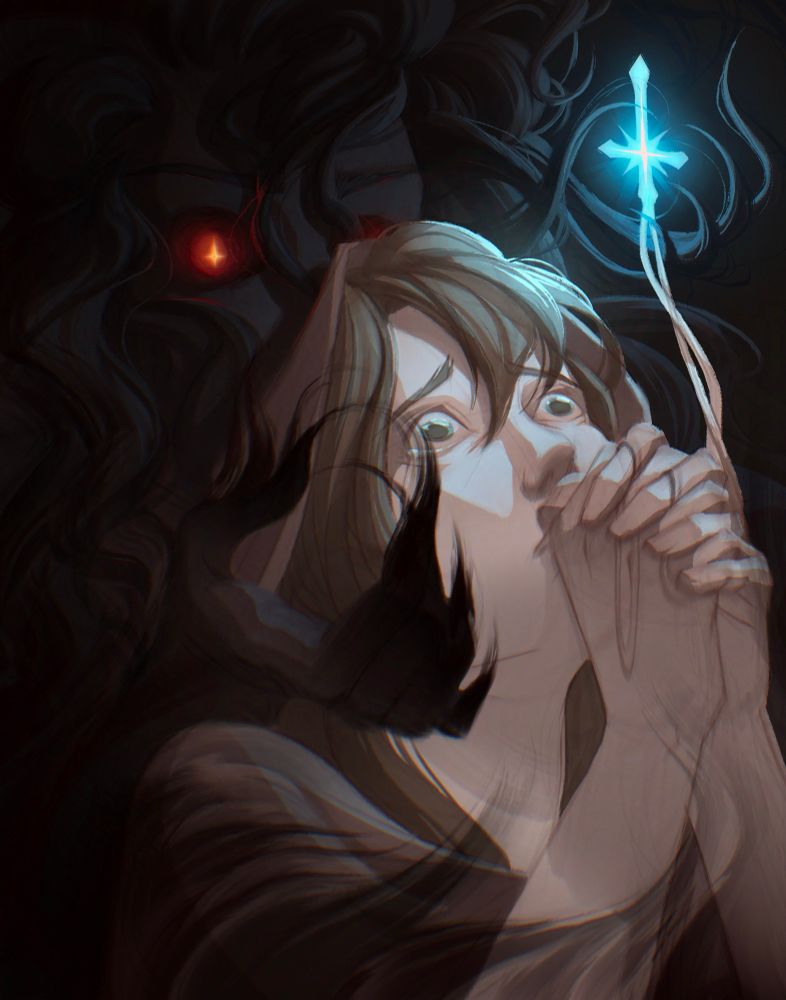 Painting of a woman pleading to an upside down cross pendant floating in the air. Behind her is a shadowy figure reaching over her shoulder and eyeing said pendant. It appears to be the force behind the pendant’s hovering. 