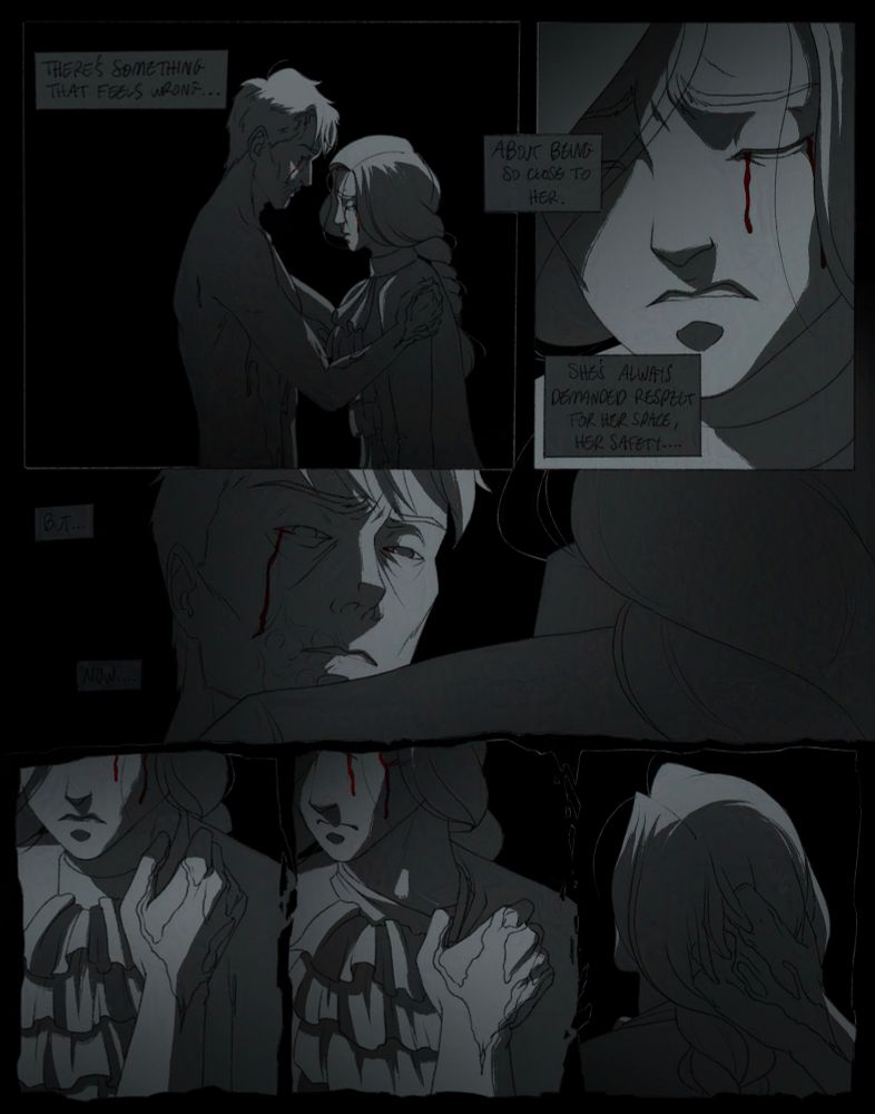 The first image shows Ira and Idora in profile. His hands are on her shoulders and he’s pulling her close. He is looking down at her and her eyes are closed, red tears still dripping down both of their faces. In darkened text boxes, Ira’s thoughts read “There’s something that feels wrong…about being so close to her.” The next image shows a closeup of Idora’s face, eyebrows pushed up and in on her forehead in a saddened, resigned expression. His thoughts continue “She’s always demanded respect for her space, her safety….” The next image is peeking over Idora’s shoulder at Ira’s face, who’s eyes have fallen to the collar of her shirt. “But…now….”
The following three images at the bottom of the page show Ira’s hand at the collar of her shirt, his thumb pulling it aside to reveal her artery. In the last image, his hand is entangling in the hair on the back of her head. 