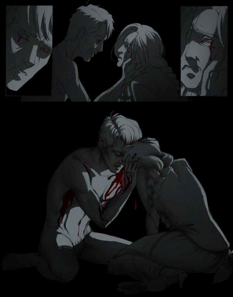 Two panels flank a center image at the top of the page, each panel on the side showing a picture of Ira’s and Idora’s faces. The center image shows the gap between them closing, ushered by Ira’s hand on Idora’s face. The second half of the image shows the two of them in shadow, hunched toward each other just enough that their foreheads touch. A single red tear has dripped from Idora’s face toward the floor and one has fallen down Ira’s cheek. 