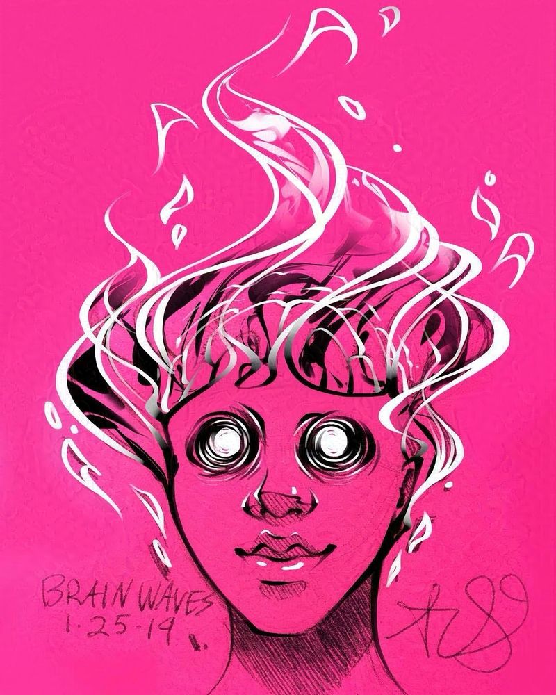 A picture of a person with white, circle eyes deep in its head. The upper portion of the person’s head is wisping away into fire and smoke, the brain showing through. They have a slightly eerie smile on their face. The drawing is black and white on a very hot pink post it note. 