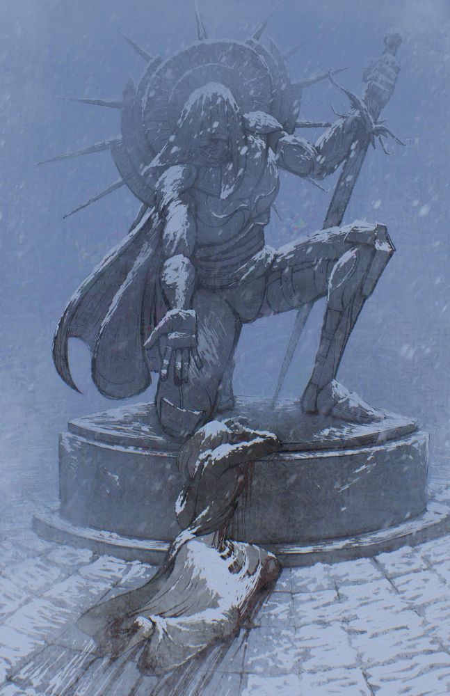 A stone statue of a knight reaches towards its base where a woman, covered in blood and the falling snow, has crawled and come to her final rest. 