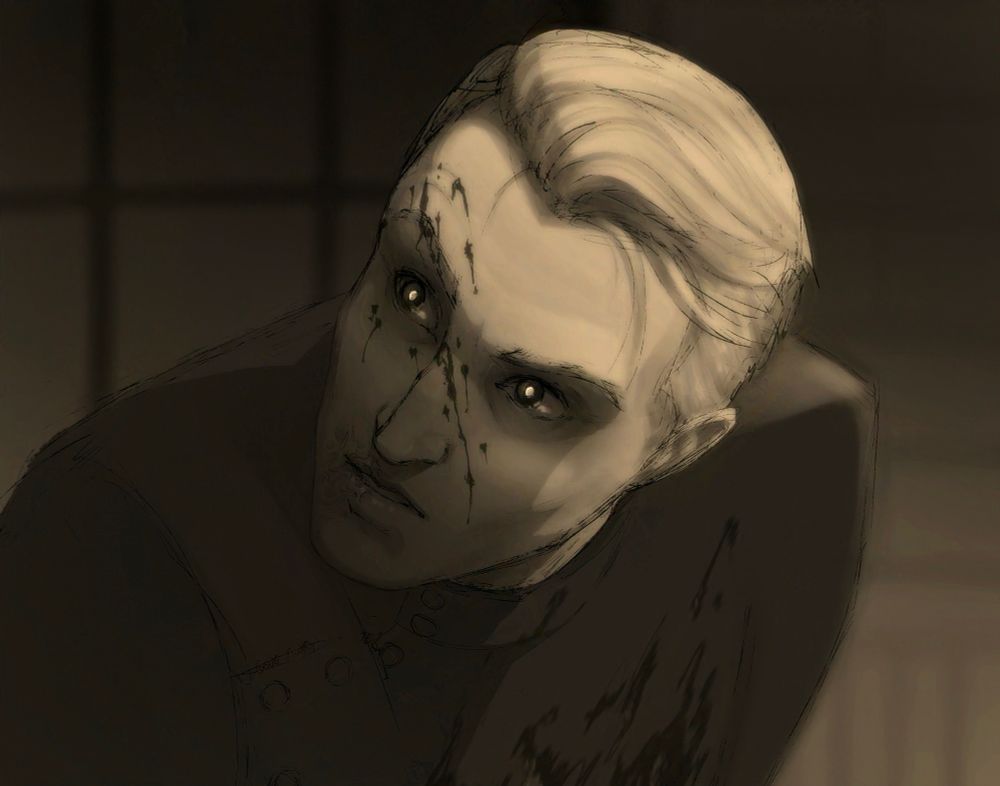 A black and white picture of a man hunching toward the viewer, looking off-screen with glowing white pupils. His face and dark coat are spattered with blood.