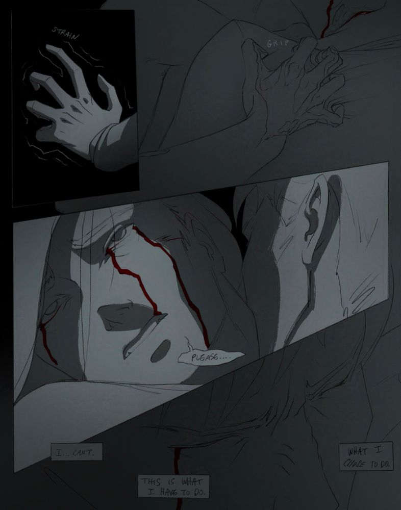 The page is a series of images, the first shows Idora’s hand flexing and shaking. The following image shows Ira’s hand pulling against the back of her coat. The following image shows Idora’s expression growing weak, her eyes starting to roll, Ira still latched to her neck. She’s saying “Please….” The bottom image shows a very close up image of Ira’s face, eyebrows furrowed and the skin of his nose scrunched in a snarl. There are thought boxes around him which read “I…can’t. This is what I have to do. What I chose to do.”