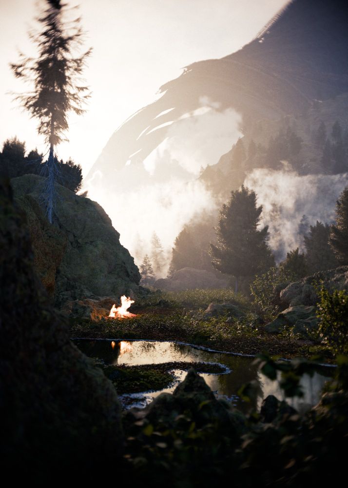 A digital render depicting a dark, serene mountain scene. The sun, positioned high and slightly to the left, casts a bright light through a hazy sky. illuminating a valley filled with trees and rocky outcrops. The light creates a soft, ethereal atmosphere. A small, reflective pool of water lies nestled among the rocks in the valley floor, and next to it a dim campfire. The foreground is dominated by dark, textured rocks and patches of green foliage, leading the eye into the depth of the scene. Clouds spill over a mountain in the background, where a huge arching and alien-appearing structure sweeps across the sky.