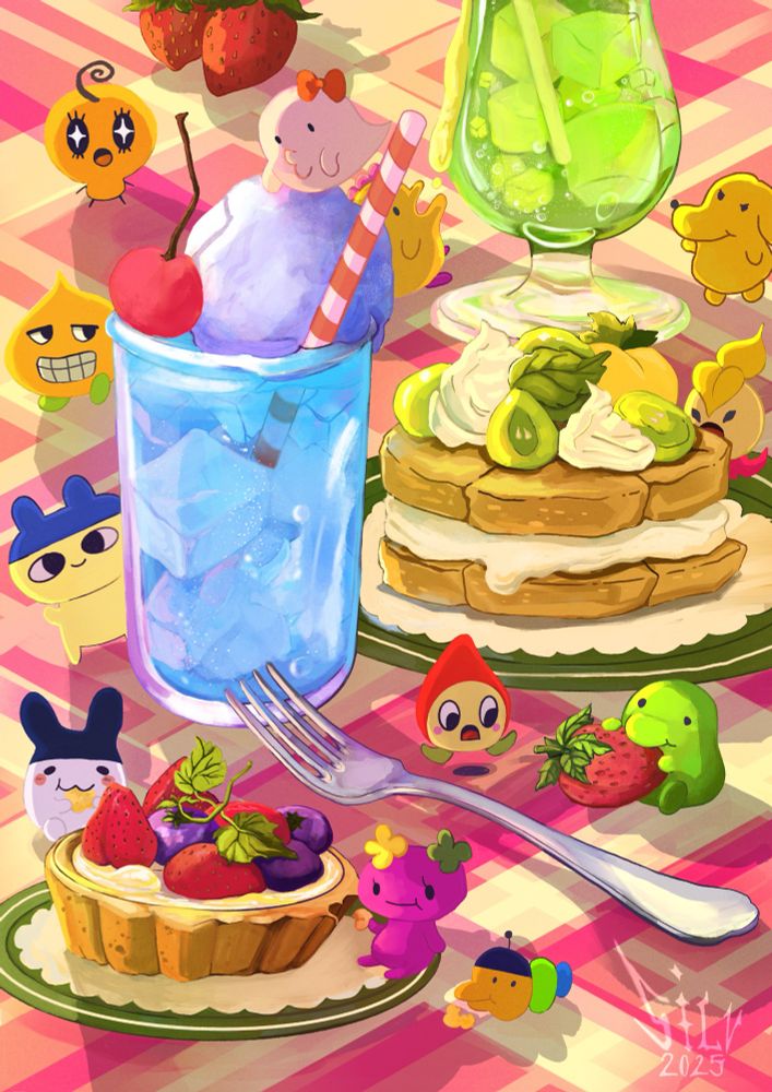 A group of tamagotchi (little virtual pets) sneaking on to the picnic blanket to try and steal some cakes, strawberries and colourful soda pops. 