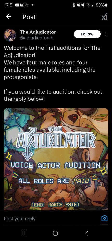 Sceenshot of a Voice actor casting call for the adjudicator web comic posted on X. 