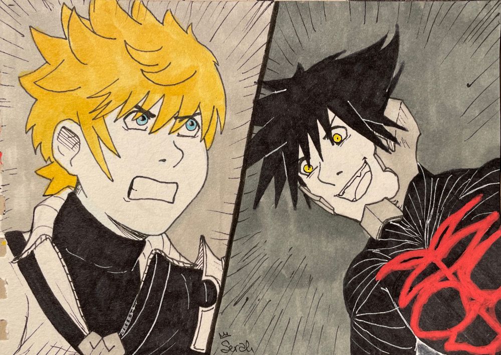 Drawing of Ventus and Vanitas. They’re staring at each other mid battle. Ventus looks angry, Vanitas has a sadistic glee to him. 