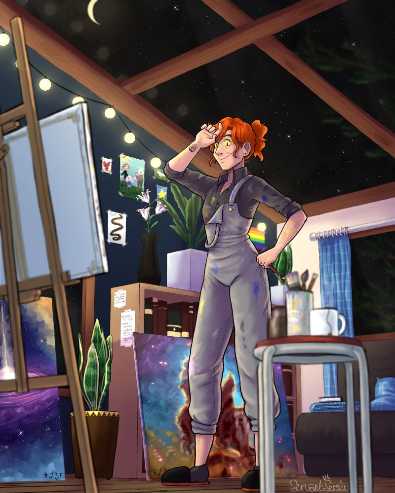 A drawing of Ash from my GoodGardenerAU in their art studio. They’re wearing an overall that is covered in paint and are looking at the canvas they are currently working on. They’re holding a brush in their left hand while the right one is brushing hair out of their face. There is a fire rose unity survivor tattoo on their wrist, a symbol that represents survivors of SA. 
There are two other canvases laying around which show paintings of stars and the Pillars of Creation nebula. 
On the wall behind them are drawings Ash‘s children have made for them for inspiration. A bookshelf decorated with lilies and various other plants is placed against that wall. 
The wall of ceiling of the tilted roof has been replaced with huge windows which show the star-littered night sky. 