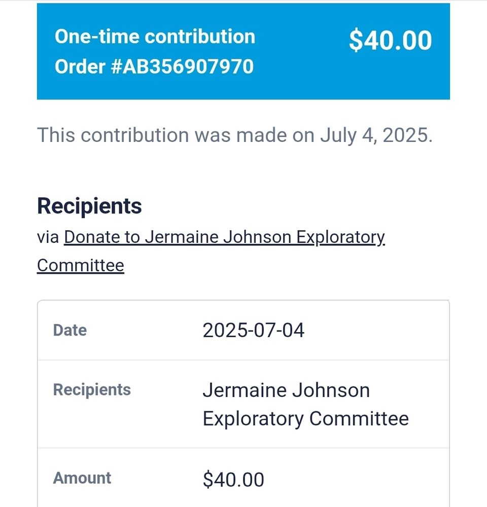 A receipt of $40 donated to Dr. Jermaine Johnson's exploratory commitee for governor of South Carolina. Please help support!