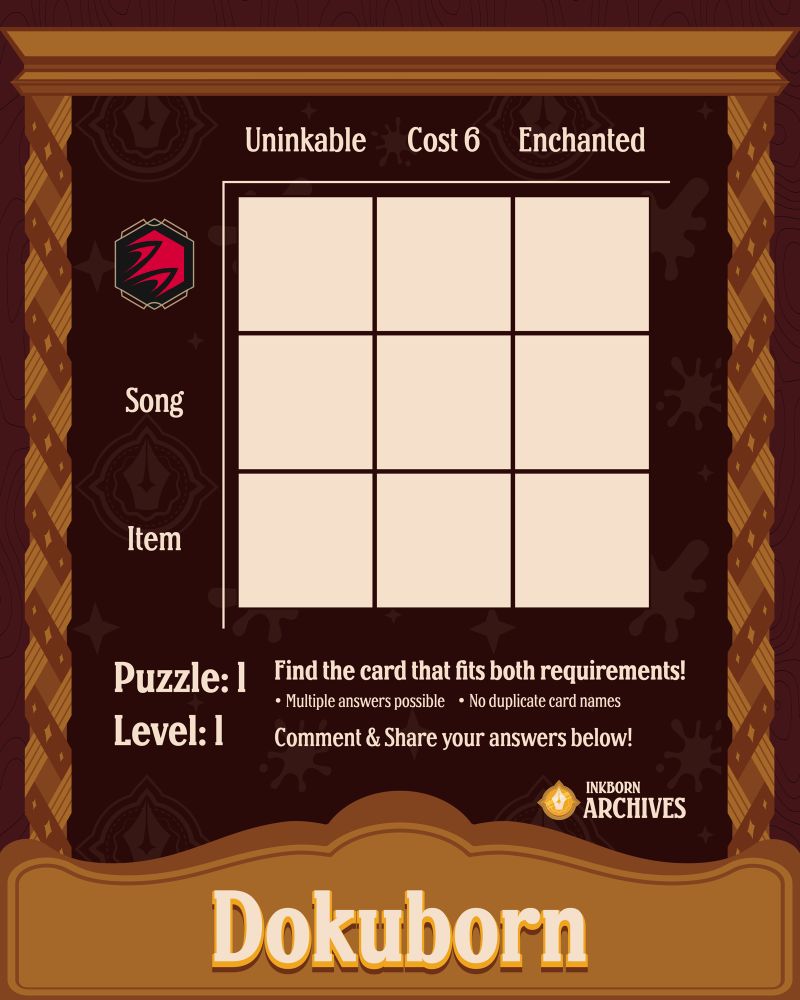 Sudoku board with text: “Dokuborn - Find the card that fits both requirements”