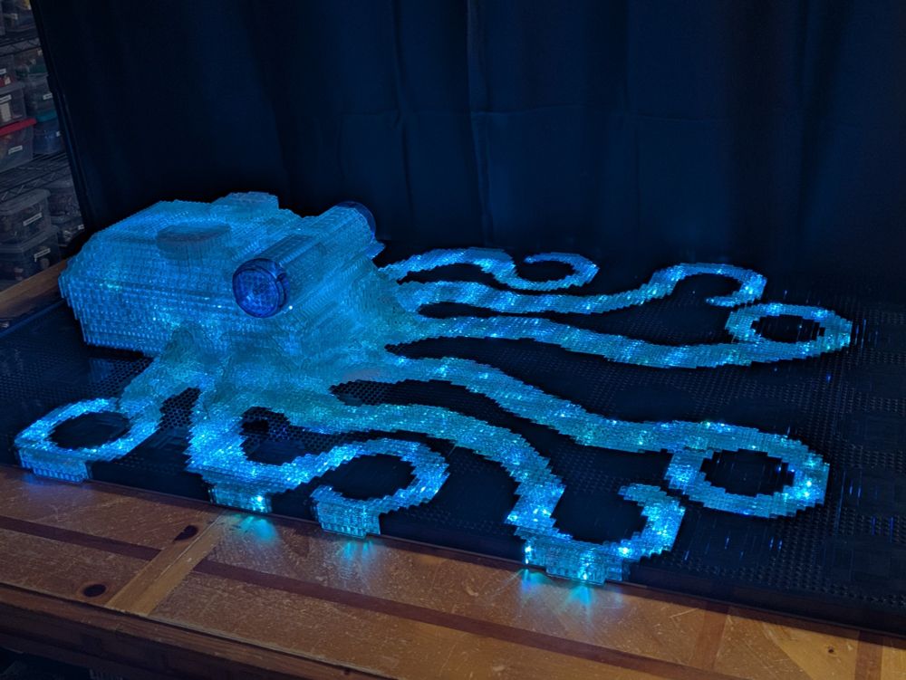 Lego octopus sculpture lit with blue light