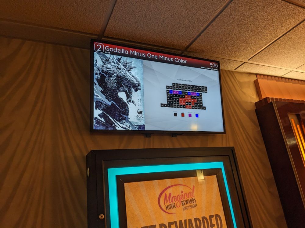 A theater placard showing godzilla minus one minus color