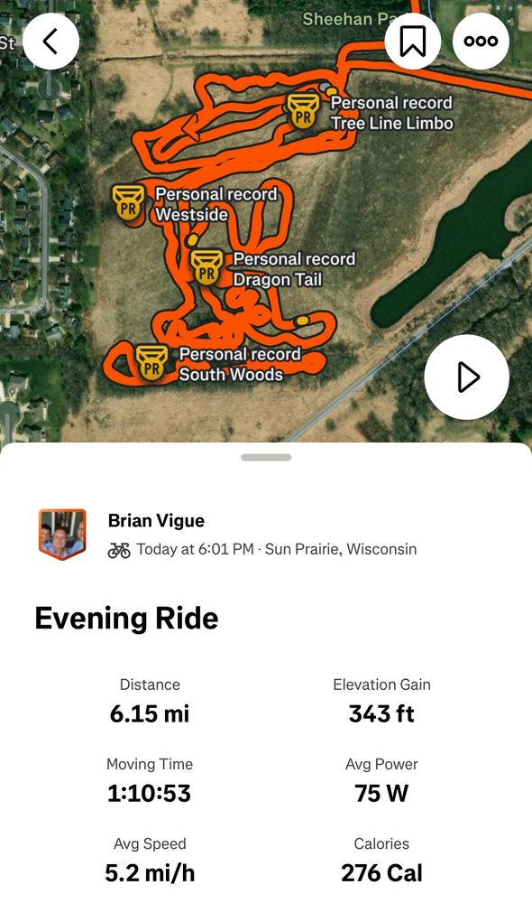 Map and stats from a mountain bike ride