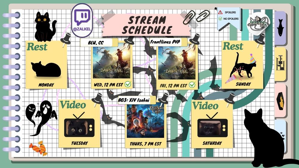 Monday: Rest
Tuesday: Video
Wednesday: FFXIV - BLU, CC, 12 PM EST
Thursday: Baldur's Gate 3 - FFXIV Isekai Run, 7 PM EST
Friday: FFXIV - Frontlines PvP, 12 PM EST
Saturday: Video
Sunday: Rest
